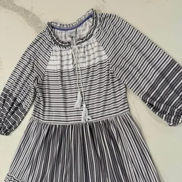 Violet Weekend Gray Purple Stripe Tasseled Neck Tiered Midi Dress Women's Medium - Picture 3 of 8